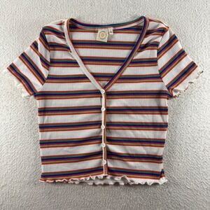 Live In The Moment Crop Top Multicolor Striped Button Front Ruffle Trim Size L